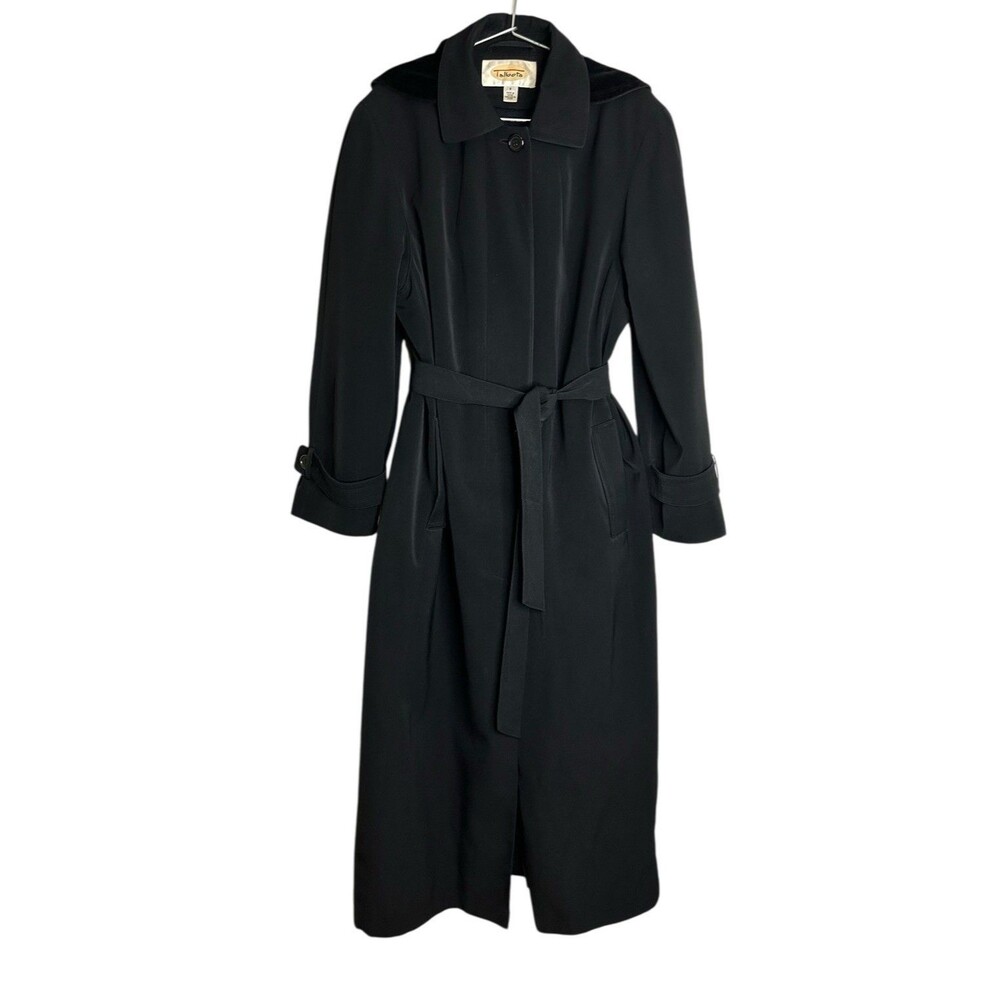 VTG Talbots Long Trench Coat Hooded Black Size 8 Zip Out Lining Bossgirl Career